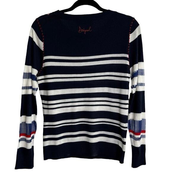 Desigual Womens Navy Long Sleeve Sweater Top Floral Striped Size M Boho Chic - Picture 6 of 13